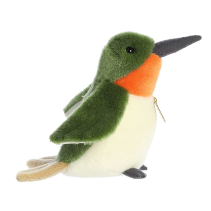 Aurora Miyoni Ruby-Throated Hummingbird lifelike plush stuffed animal with green feathers, a ruby-red throat patch, and a poised beak.