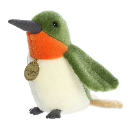 Aurora Miyoni Ruby-Throated Hummingbird lifelike plush stuffed animal with green feathers, a ruby-red throat patch, and a poised beak.