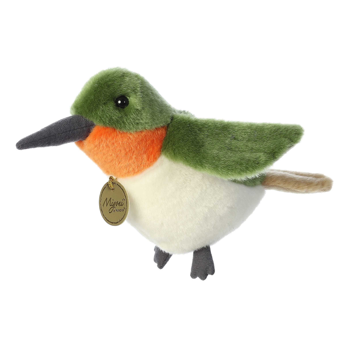 Aurora Miyoni Ruby-Throated Hummingbird lifelike plush stuffed animal with green feathers, a ruby-red throat patch, and a poised beak.