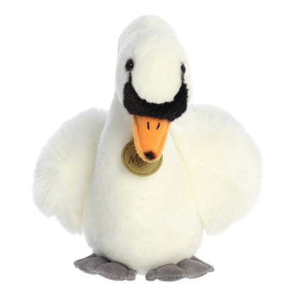 Aurora Miyoni Swan plush animal featuring fluffy white feathers, an orange and black beak, and a golden Miyoni chest tag.