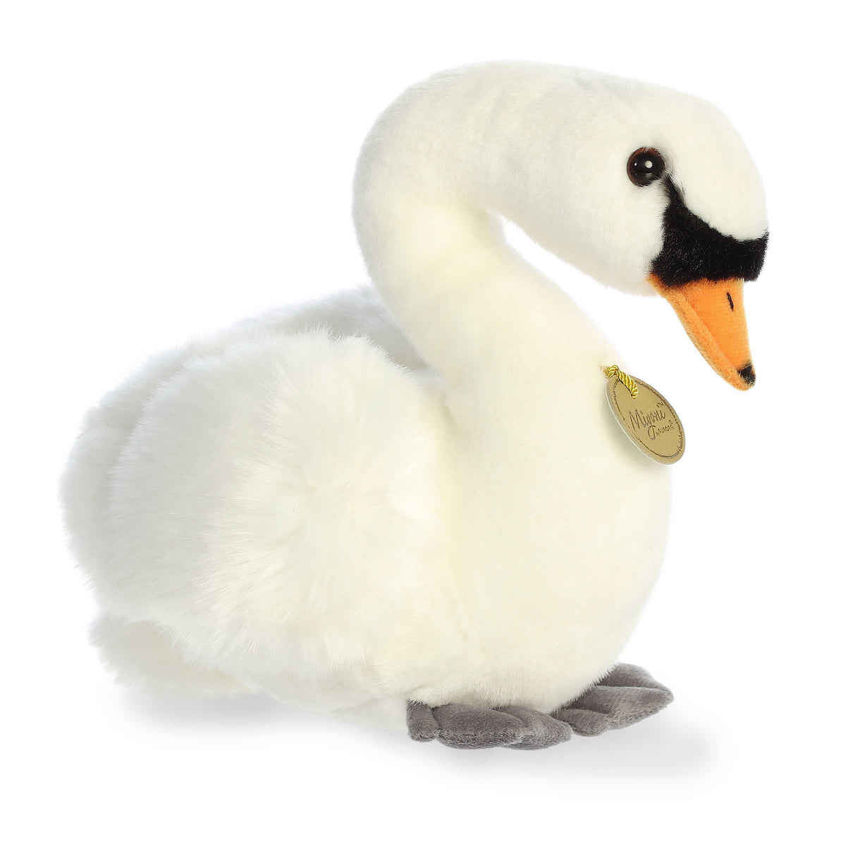 Aurora Miyoni Swan plush animal featuring fluffy white feathers, an orange and black beak, and a golden Miyoni chest tag.