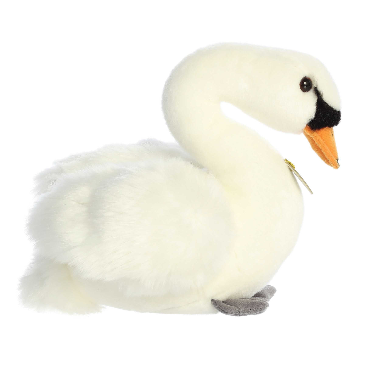 Aurora Miyoni Swan plush animal featuring fluffy white feathers, an orange and black beak, and a golden Miyoni chest tag.