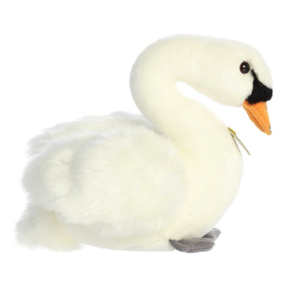 Aurora Miyoni Swan plush animal featuring fluffy white feathers, an orange and black beak, and a golden Miyoni chest tag.