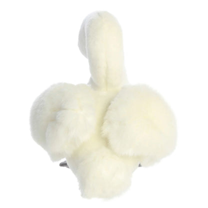 Aurora Miyoni Swan plush animal featuring fluffy white feathers, an orange and black beak, and a golden Miyoni chest tag.