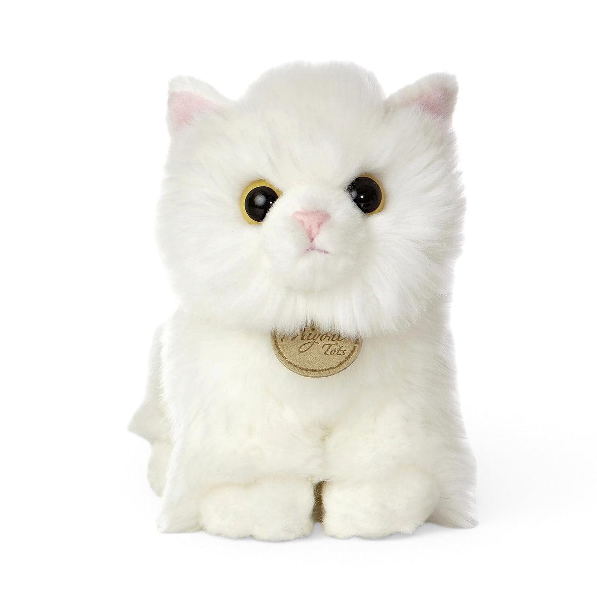 Aurora Miyoni Tots Angora Kitten plush animal featuring fluffy snowy white fur, expressive eyes, a sweet pink nose, and signature neck medallion sitting upright.