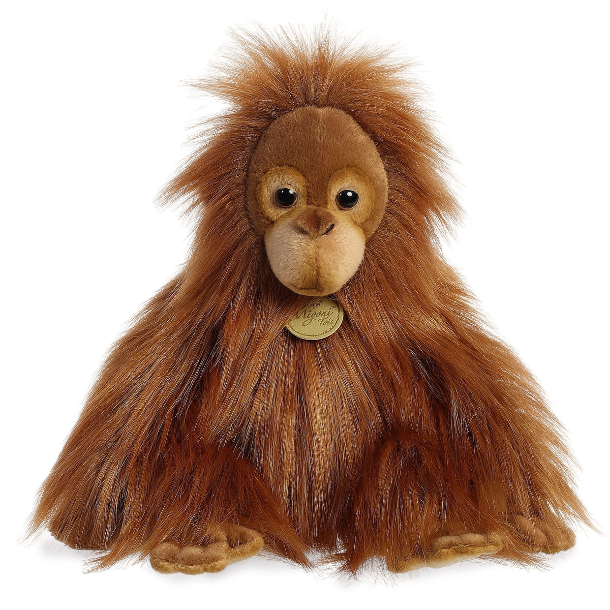 Aurora Miyoni Tots Baby Orangutan plush stuffed animal featuring a deep auburn coat and expressive eyes.