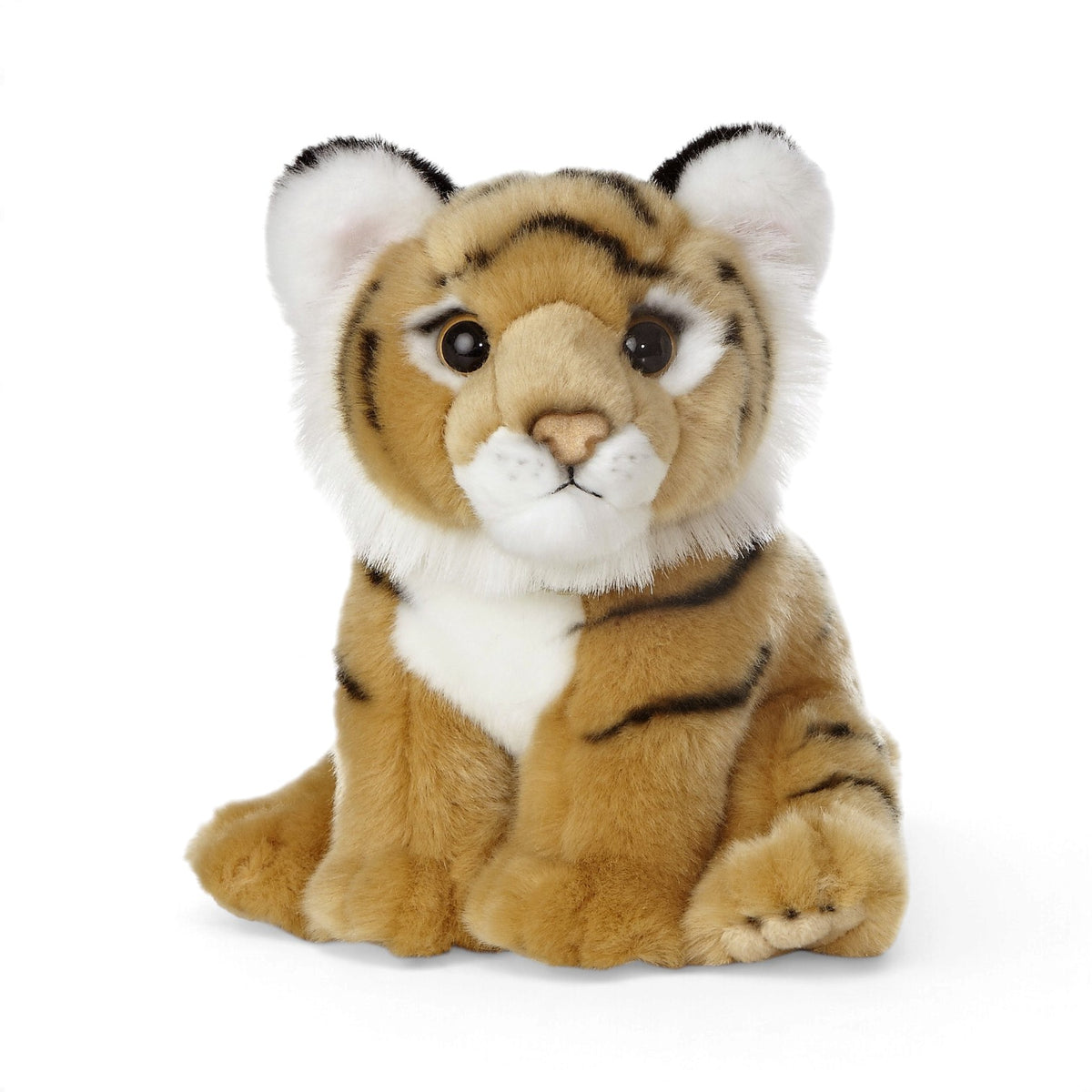 Aurora Miyoni Tots Bengal Tiger Cub plush featuring vibrant orange fur, black stripes, and big round eyes.