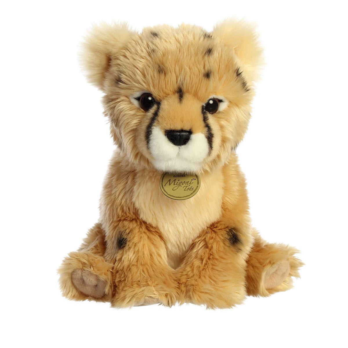 Aurora Miyoni Tots Cheetah Cub plush animal featuring spotted golden fur and a golden Miyoni chest tag.