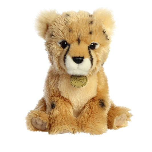 Aurora Miyoni Tots Cheetah Cub plush animal featuring spotted golden fur and a golden Miyoni chest tag.