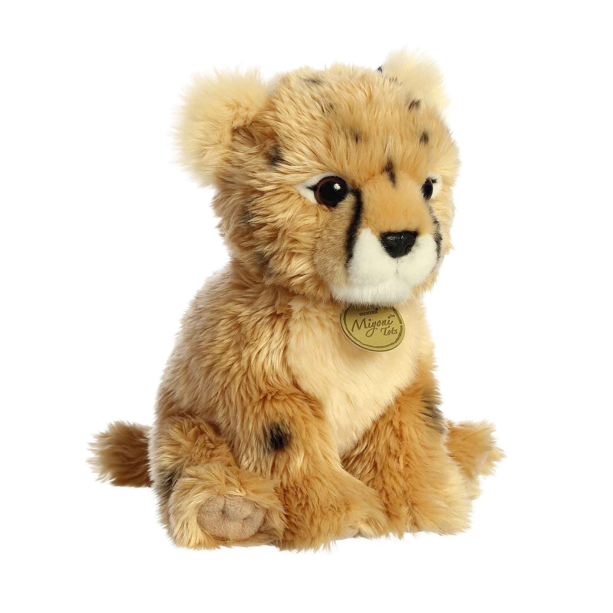 Aurora Miyoni Tots Cheetah Cub plush animal featuring spotted golden fur and a golden Miyoni chest tag.