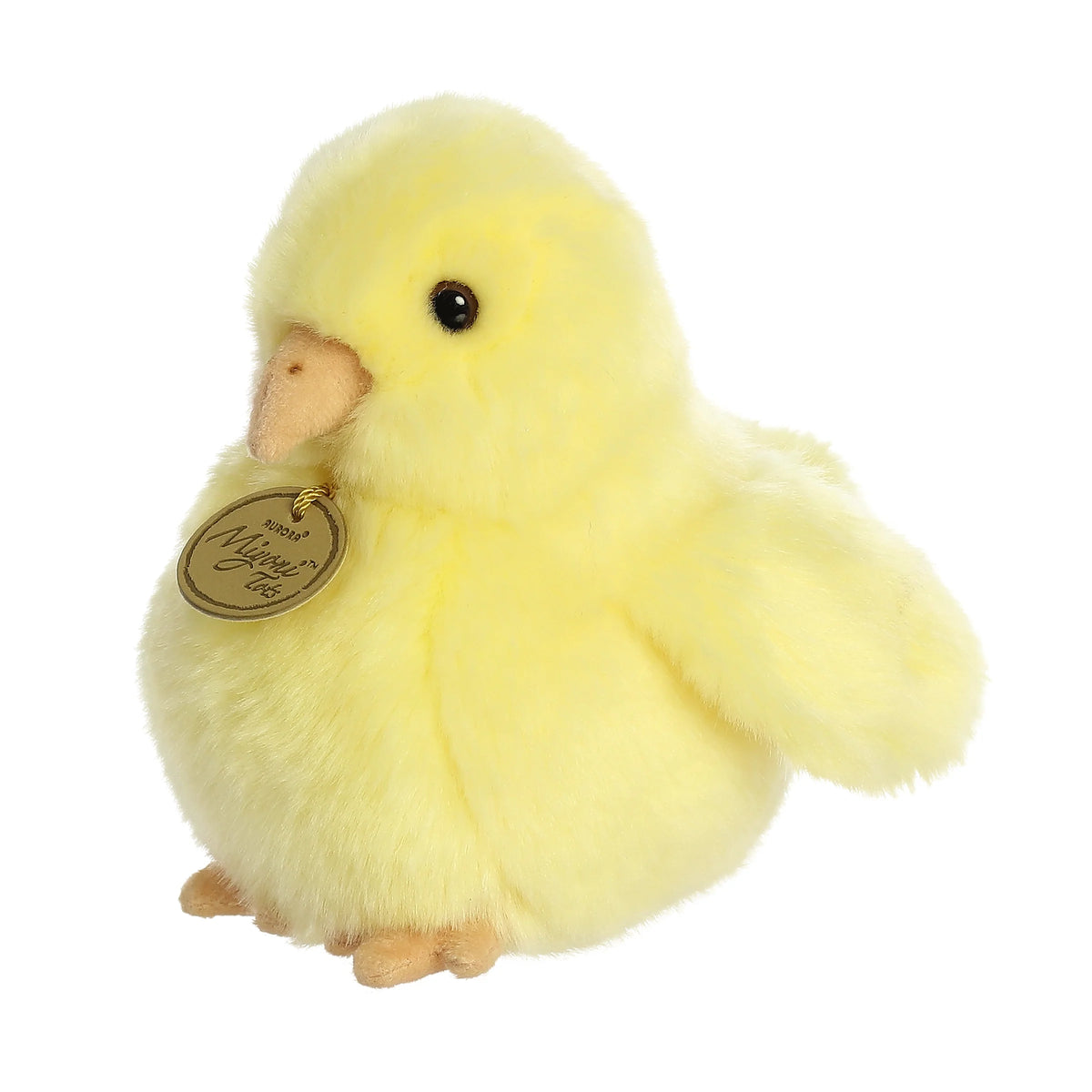 Aurora Miyoni Tots Chick plush stuffed animal featuring bright yellow fluffy fur and realistic baby bird features.
