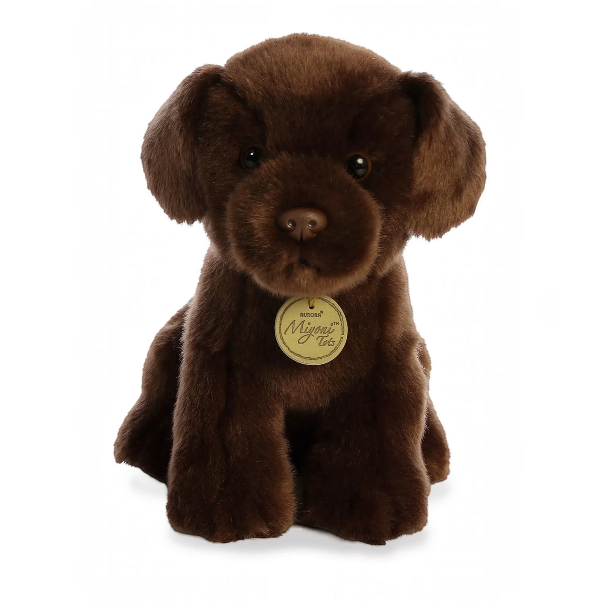 Aurora Miyoni Tots Chocolate Lab Pup lifelike baby plush stuffed animal sitting with soft chocolate-brown fur, floppy ears, and big expressive eyes.