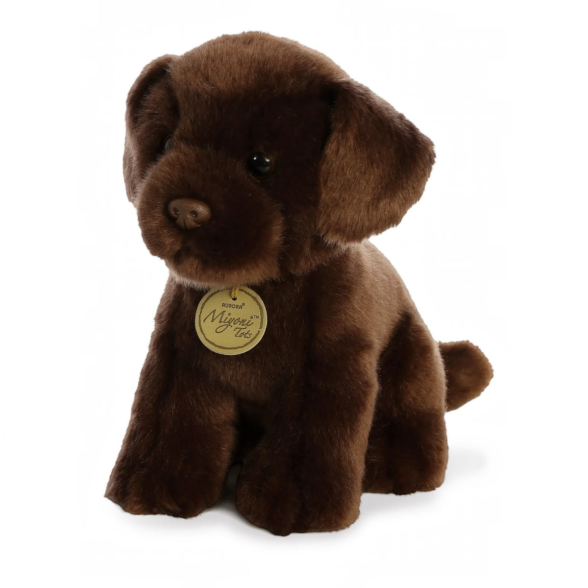 Aurora Miyoni Tots Chocolate Lab Pup lifelike baby plush stuffed animal sitting with soft chocolate-brown fur, floppy ears, and big expressive eyes.