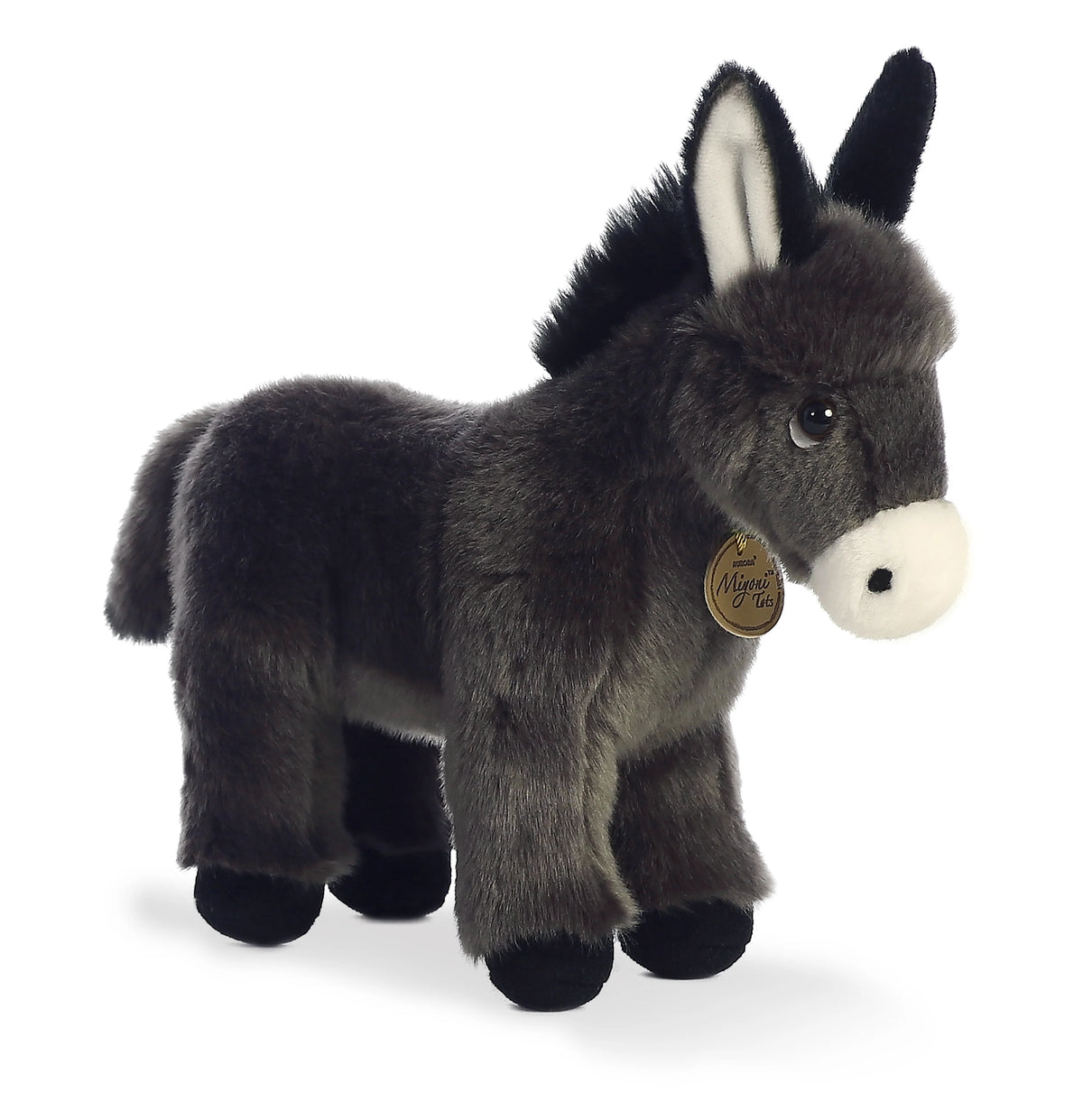 Aurora Miyoni Tots Donkey Foal plush stuffed animal featuring soft grey fur and upright ears in a standing pose.