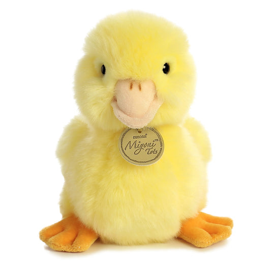 Aurora Miyoni Tots Duckling plush stuffed animal featuring bright yellow fluffy plumage and realistic baby duck features.