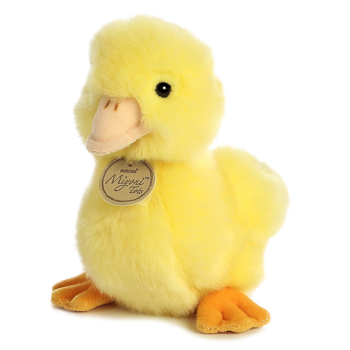 Aurora Miyoni Tots Duckling plush stuffed animal featuring bright yellow fluffy plumage and realistic baby duck features.