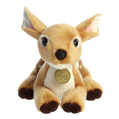 Aurora Miyoni Tots Fawn plush stuffed animal featuring a spotted coat and large expressive ears in a resting pose.