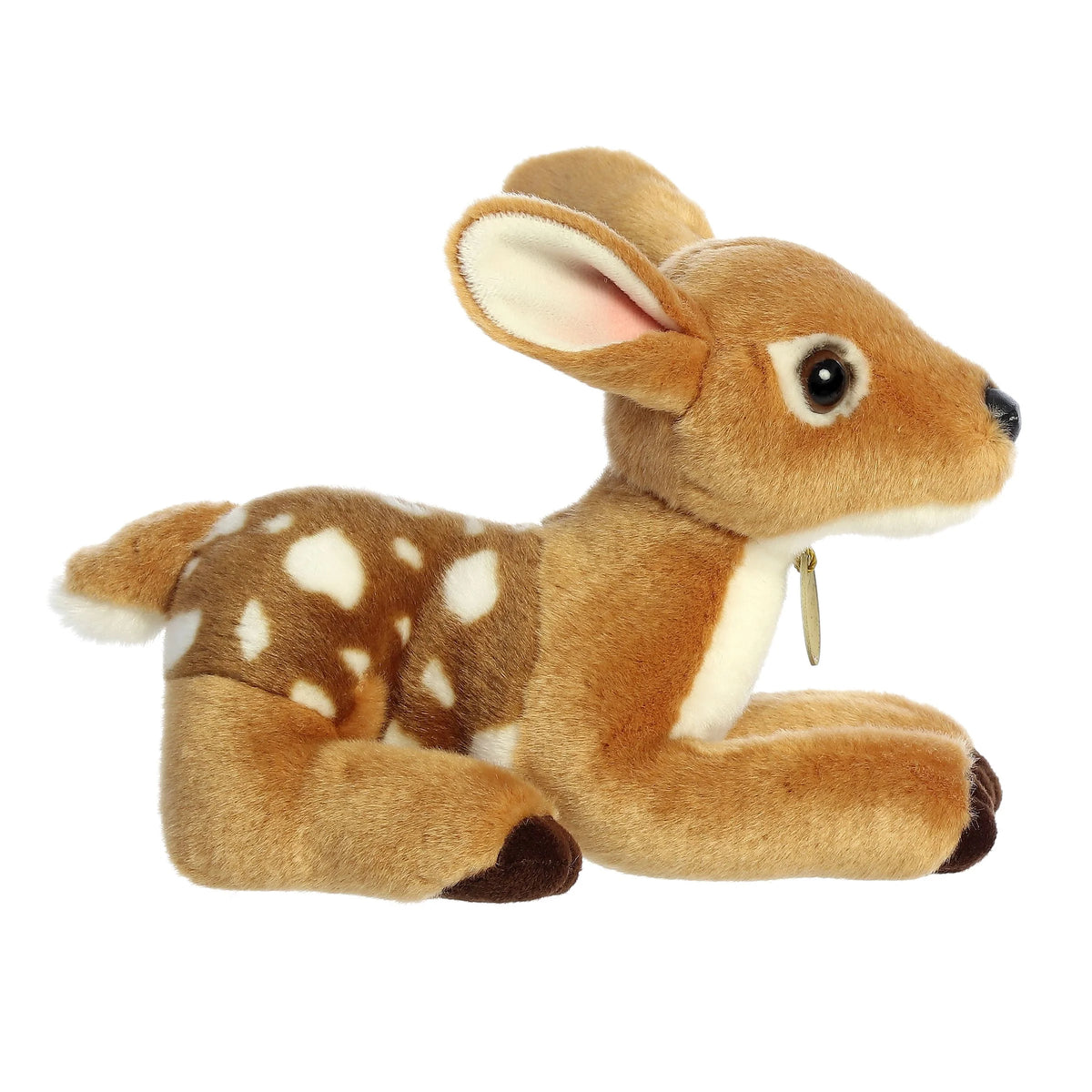 Aurora Miyoni Tots Fawn plush stuffed animal featuring a spotted coat and large expressive ears in a resting pose.