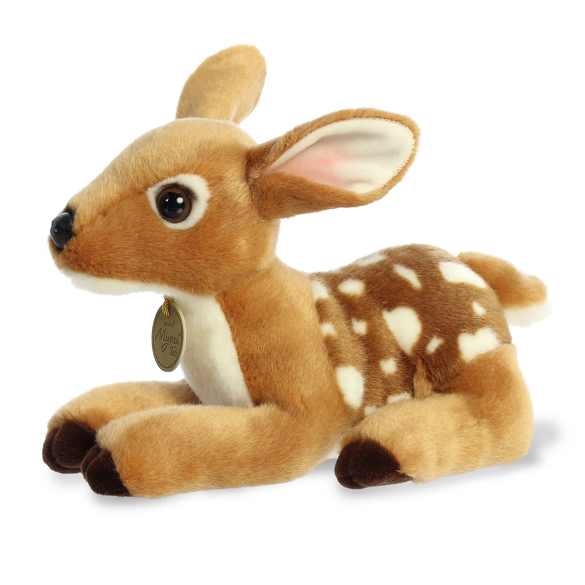 Aurora Miyoni Tots Fawn plush stuffed animal featuring a spotted coat and large expressive ears in a resting pose.