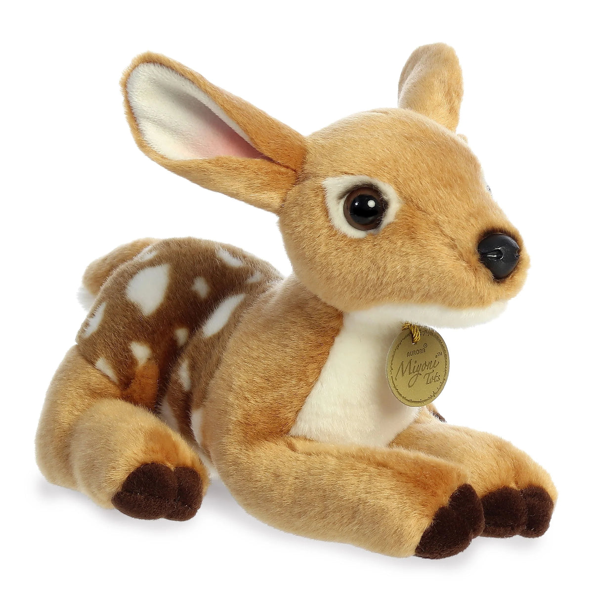 Aurora Miyoni Tots Fawn plush stuffed animal featuring a spotted coat and large expressive ears in a resting pose.