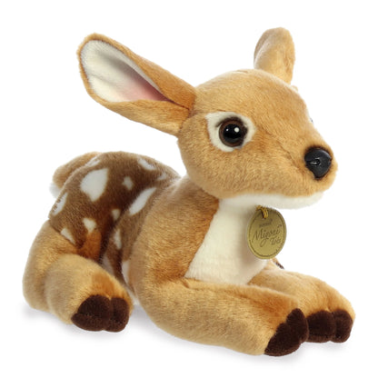 Aurora Miyoni Tots Fawn plush stuffed animal featuring a spotted coat and large expressive ears in a resting pose.