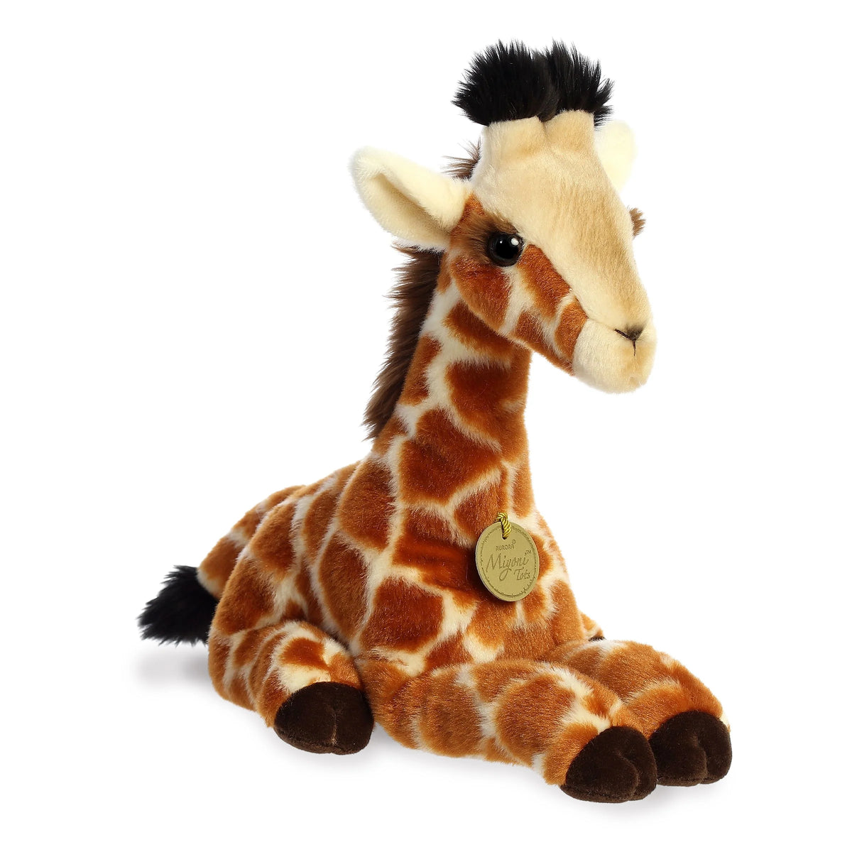 Aurora Miyoni Tots Giraffe Calf plush stuffed animal featuring realistic brown patterned patches in a resting pose.