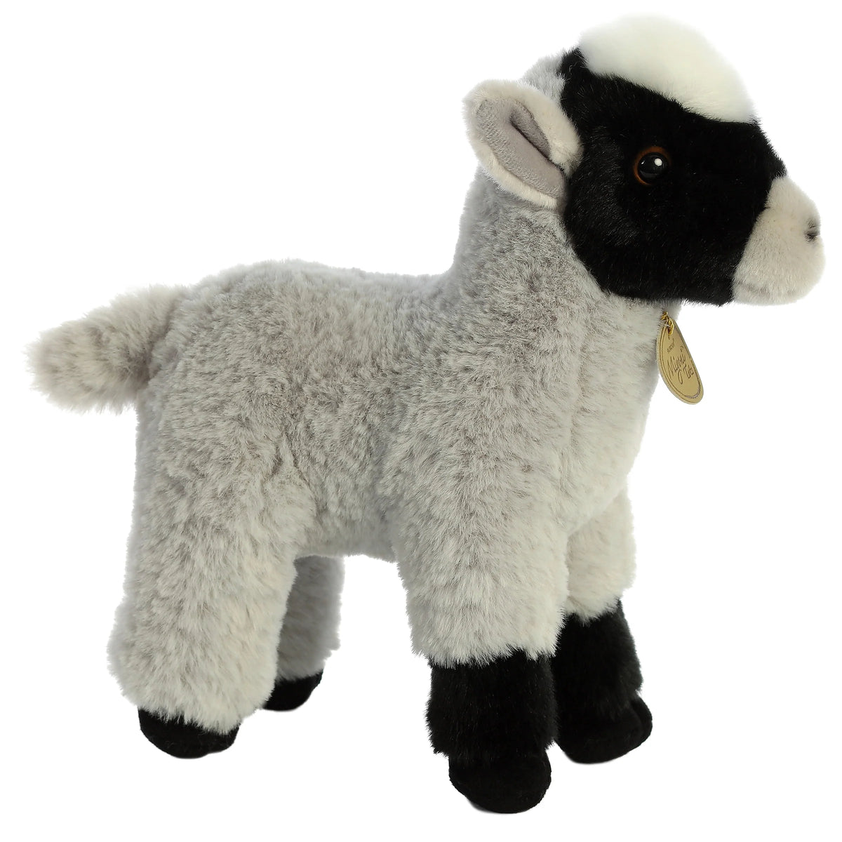 Aurora Miyoni Tots Goat Kid plush stuffed animal featuring soft grey fur, black face markings, and a standing posture.