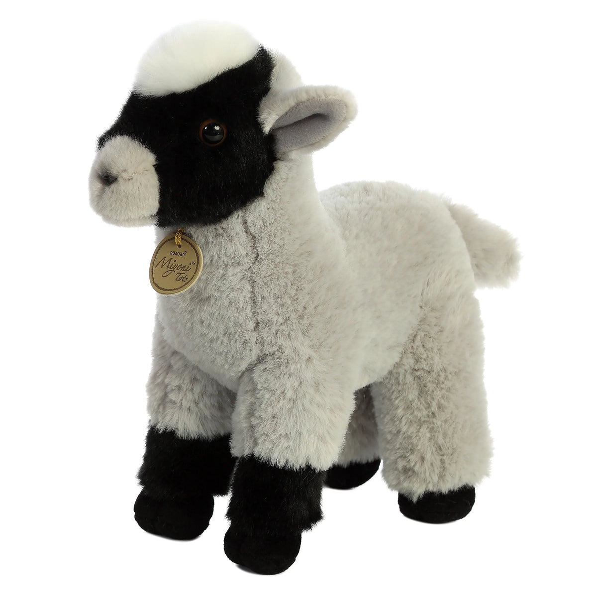 Aurora Miyoni Tots Goat Kid plush stuffed animal featuring soft grey fur, black face markings, and a standing posture.