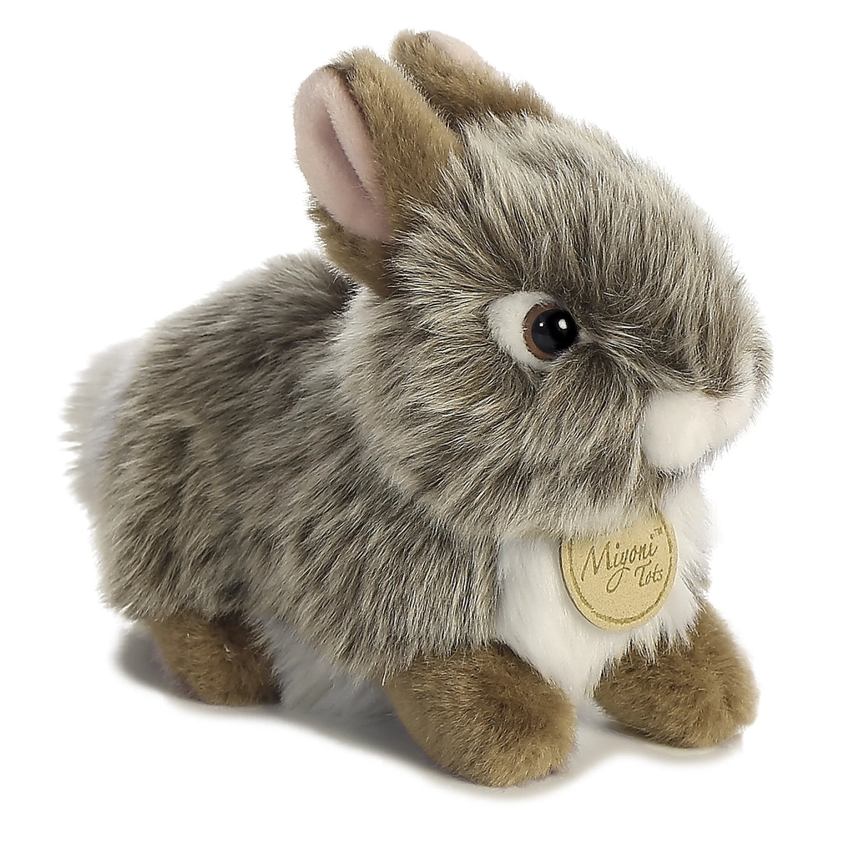 Aurora Miyoni Tots Grey Baby Bunny plush animal featuring fluffy grey fur and a golden Miyoni chest tag.