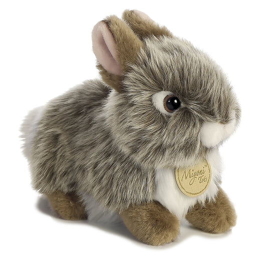 Aurora Miyoni Tots Grey Baby Bunny plush animal featuring fluffy grey fur and a golden Miyoni chest tag.