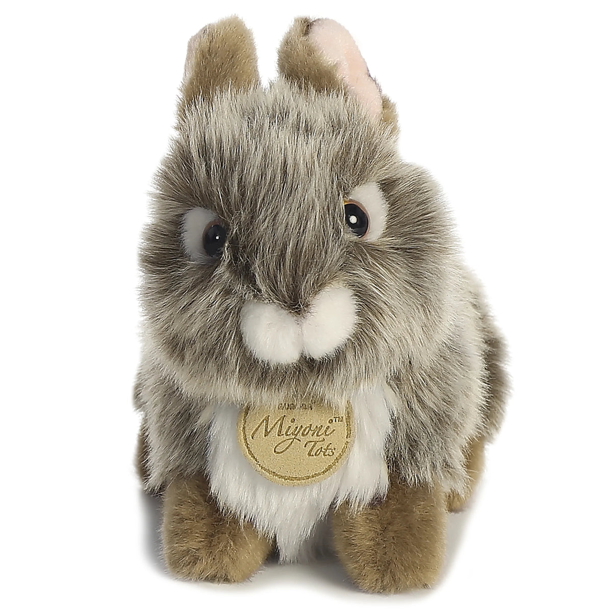 Aurora Miyoni Tots Grey Baby Bunny plush animal featuring fluffy grey fur and a golden Miyoni chest tag.