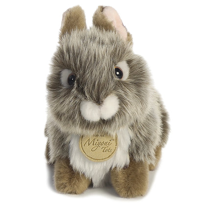 Aurora Miyoni Tots Grey Baby Bunny plush animal featuring fluffy grey fur and a golden Miyoni chest tag.