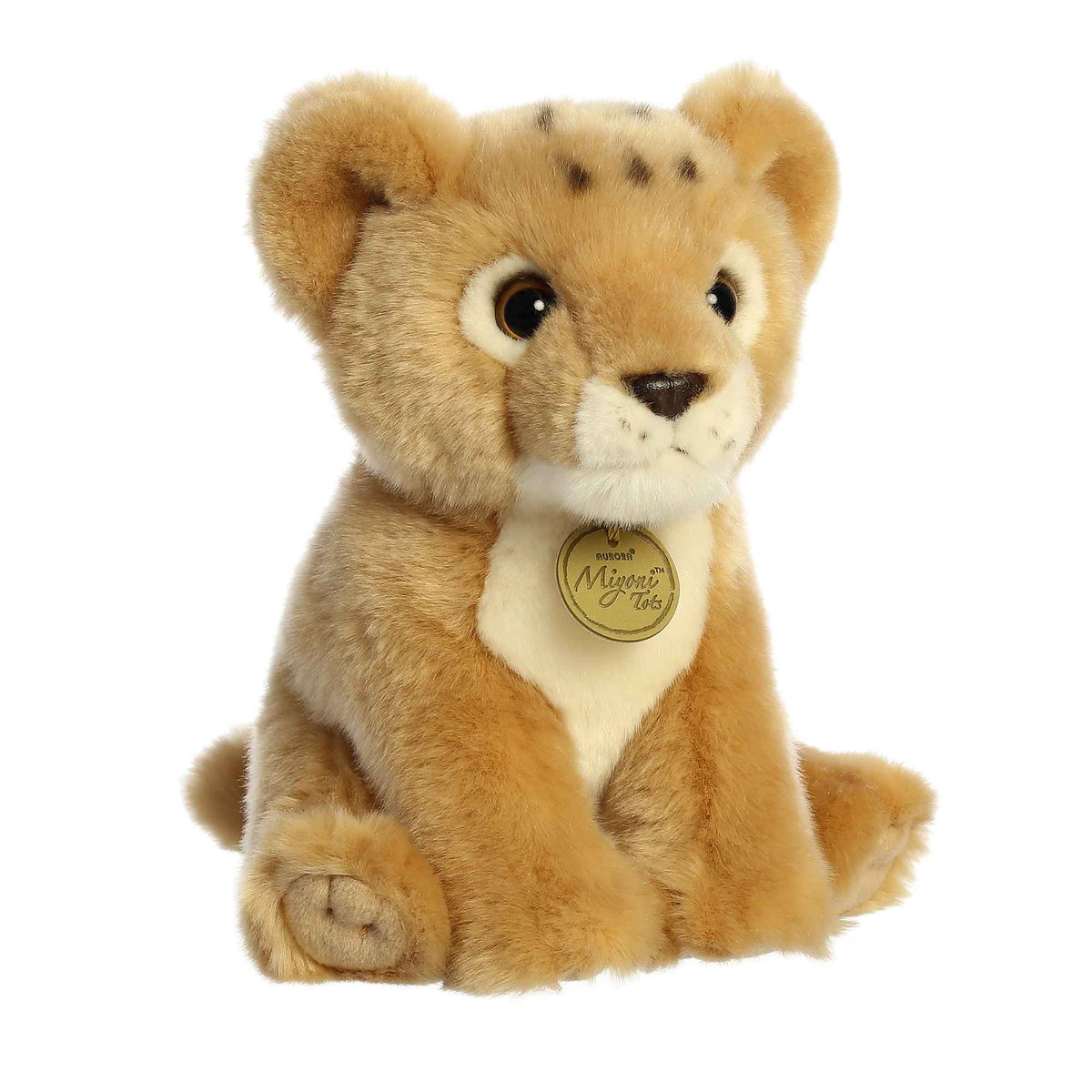 Aurora Miyoni Tots Lion Cub plush stuffed animal featuring golden fur with subtle face spots sitting upright.
