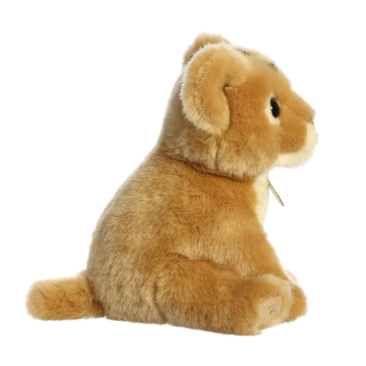 Aurora Miyoni Tots Lion Cub plush stuffed animal featuring golden fur with subtle face spots sitting upright.