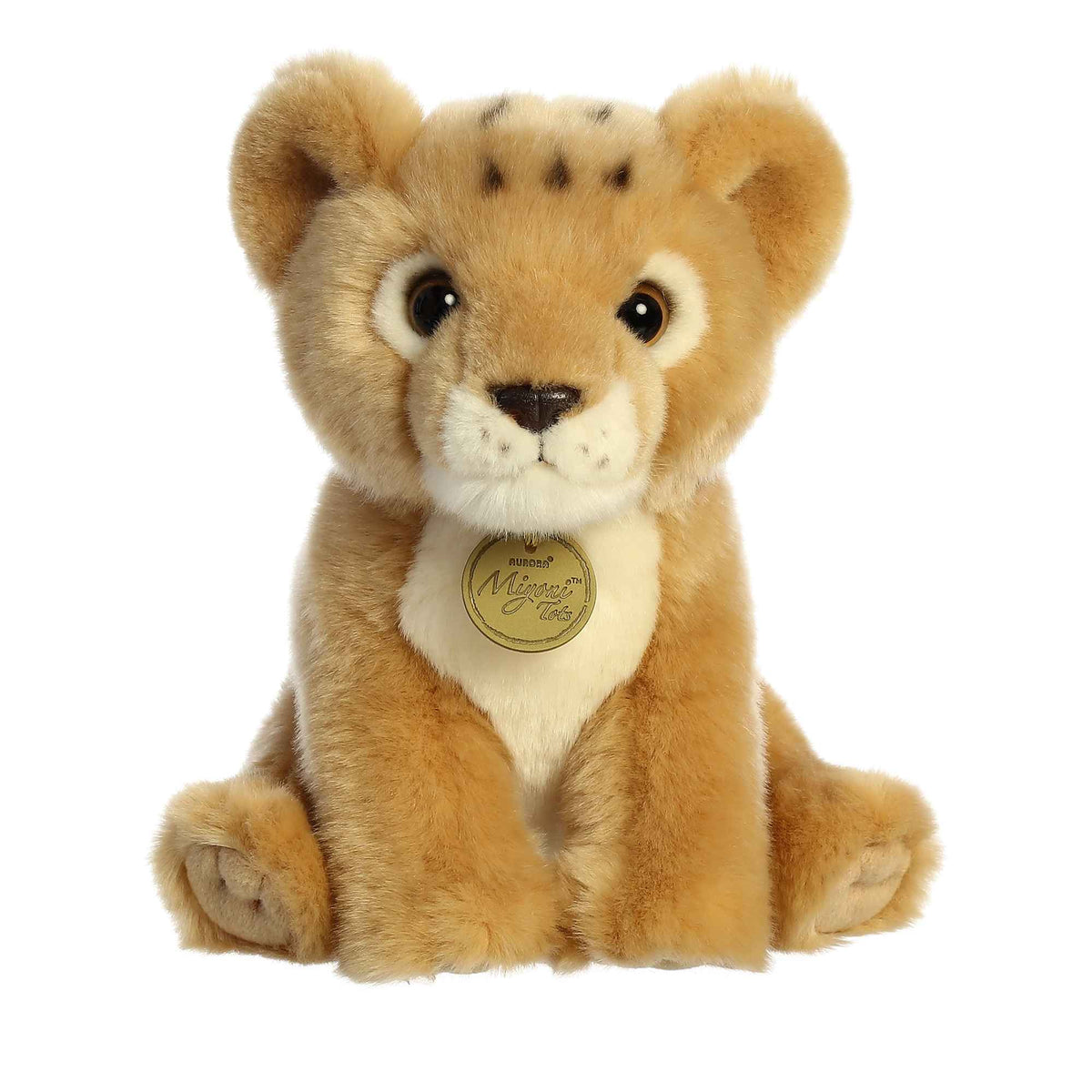 Aurora Miyoni Tots Lion Cub plush stuffed animal featuring golden fur with subtle face spots sitting upright.