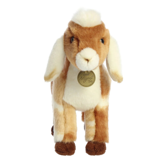 Aurora Miyoni Tots Nubian Goat Kid plush stuffed animal featuring soft tan and white fur and lovable floppy ears.