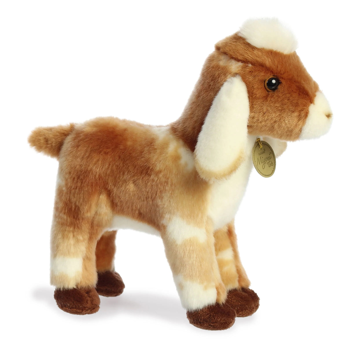 Aurora Miyoni Tots Nubian Goat Kid plush stuffed animal featuring soft tan and white fur and lovable floppy ears.