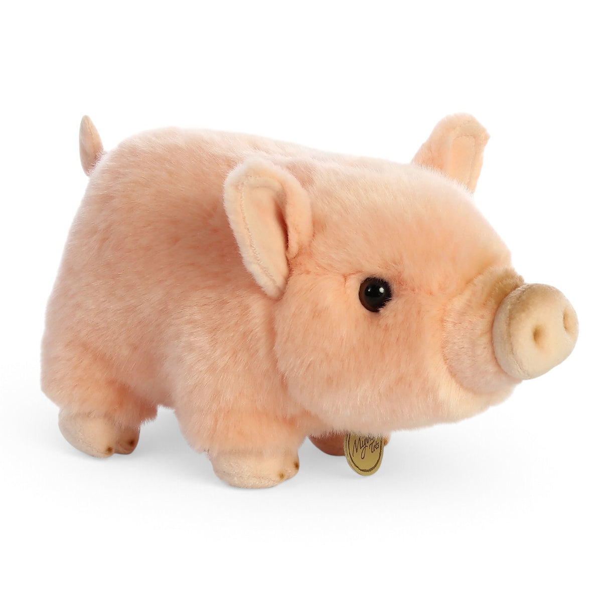 Aurora Miyoni Tots Pink Pot-Bellied Piglet plush animal with soft pink fur and a golden Miyoni chest tag.