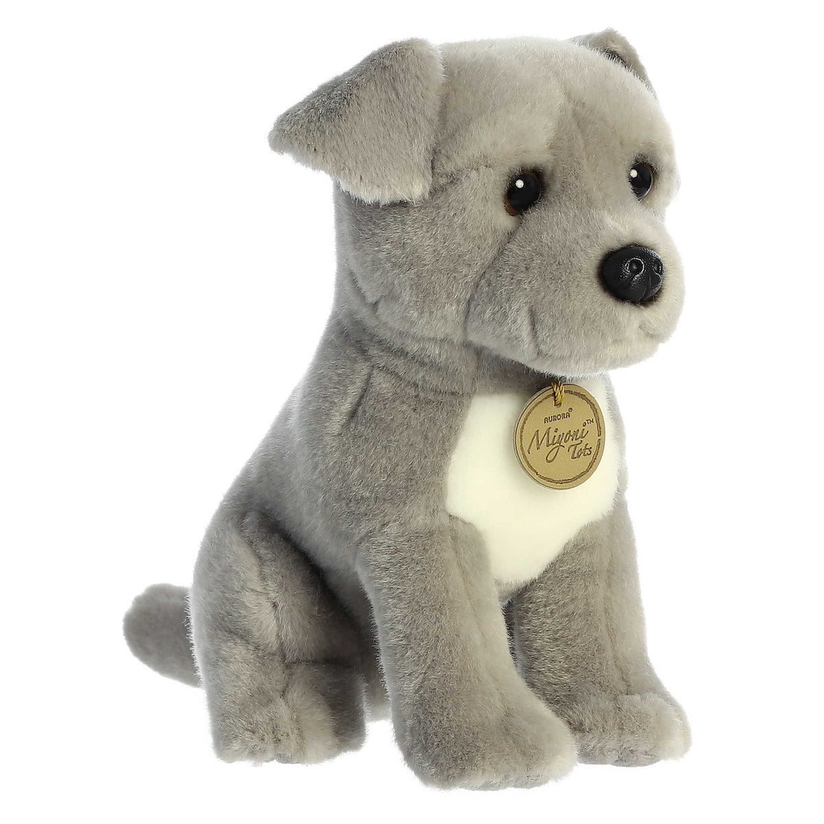 Aurora Miyoni Tots Pit Bull Puppy lifelike baby plush stuffed animal sitting with soft grey fur, a white chest patch, and soulful dark eyes.