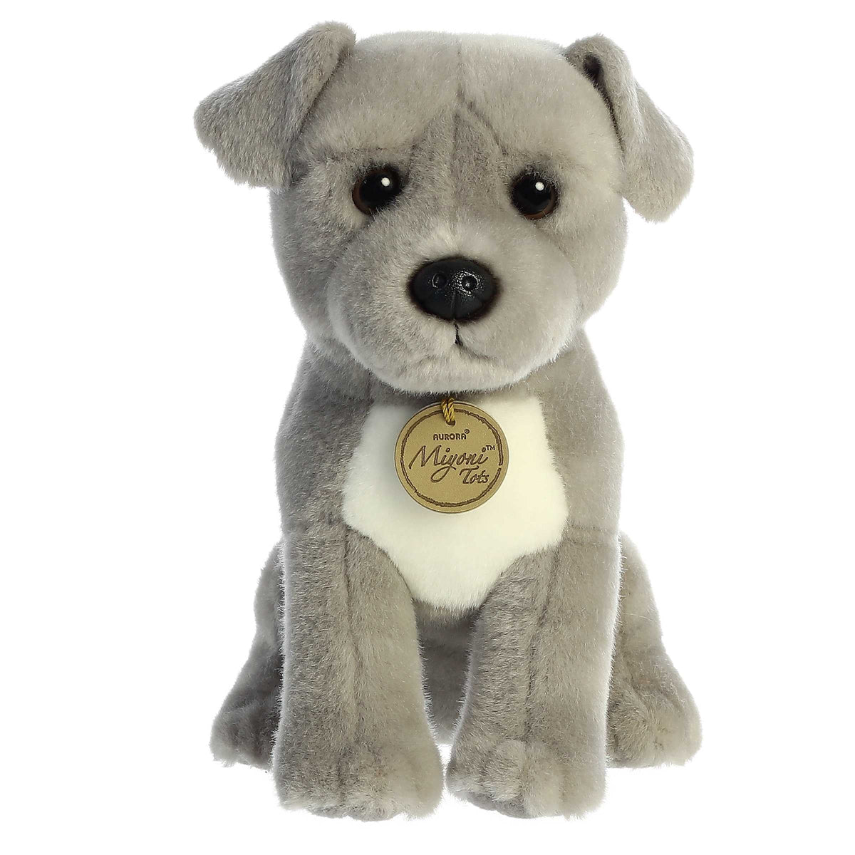 Aurora Miyoni Tots Pit Bull Puppy lifelike baby plush stuffed animal sitting with soft grey fur, a white chest patch, and soulful dark eyes.