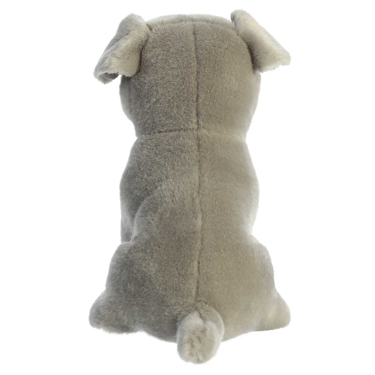 Aurora Miyoni Tots Pit Bull Puppy lifelike baby plush stuffed animal sitting with soft grey fur, a white chest patch, and soulful dark eyes.