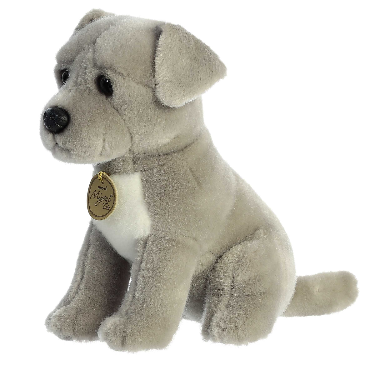 Aurora Miyoni Tots Pit Bull Puppy lifelike baby plush stuffed animal sitting with soft grey fur, a white chest patch, and soulful dark eyes.