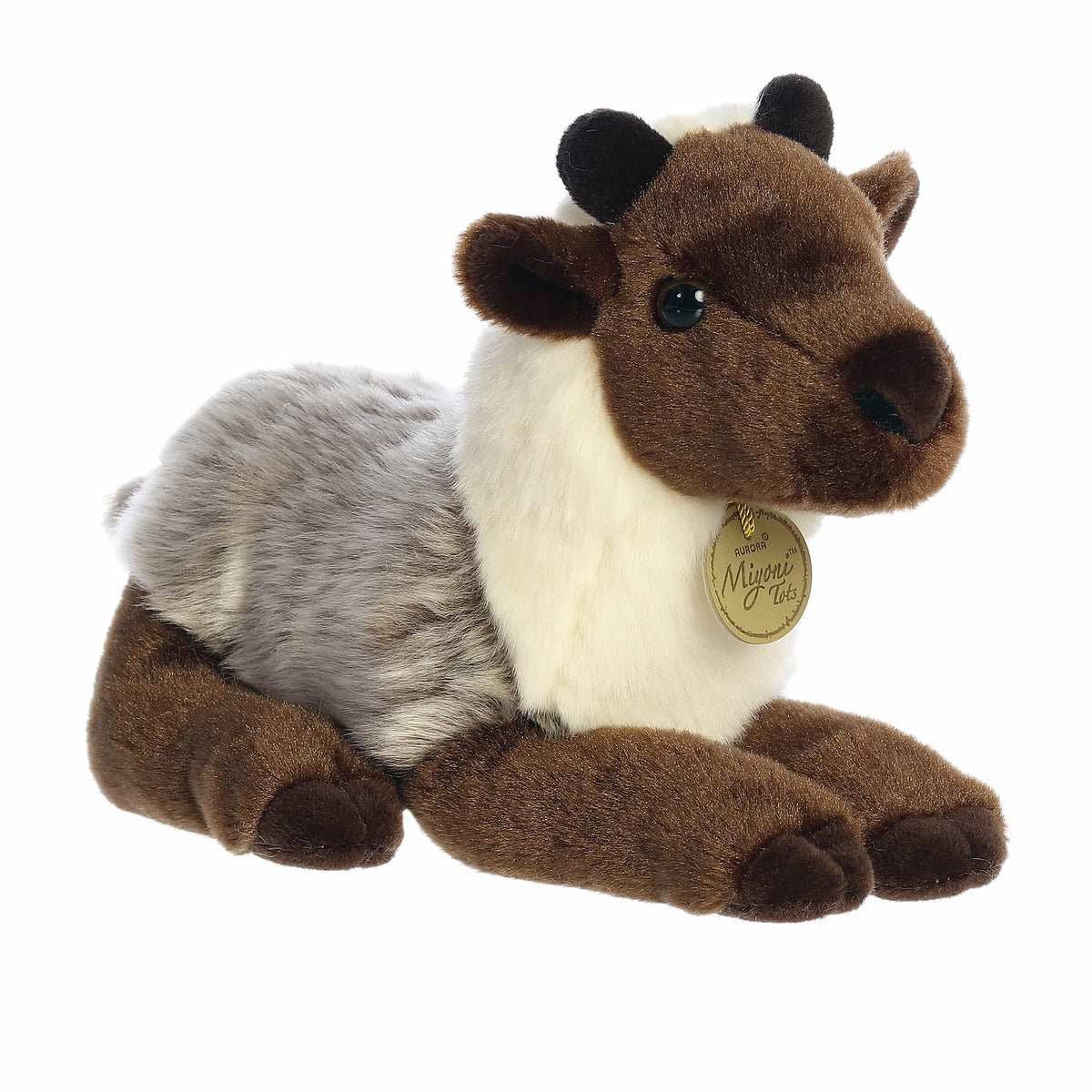 Aurora Miyoni Tots Reindeer Calf plush animal resting in a laying pose with brown and cream fur and a golden Miyoni chest tag.