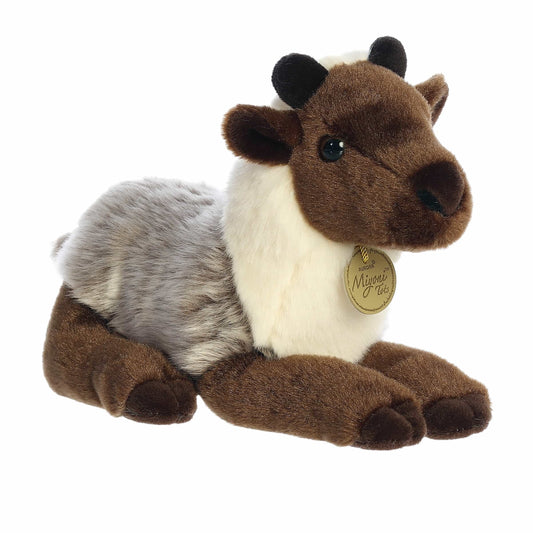 Aurora Miyoni Tots Reindeer Calf plush animal resting in a laying pose with brown and cream fur and a golden Miyoni chest tag.
