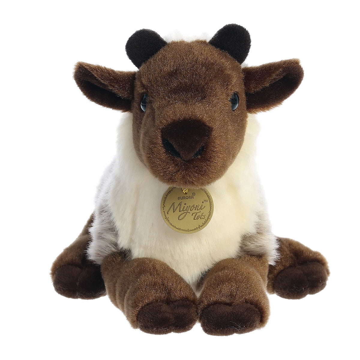 Aurora Miyoni Tots Reindeer Calf plush animal resting in a laying pose with brown and cream fur and a golden Miyoni chest tag.