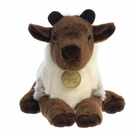 Aurora Miyoni Tots Reindeer Calf plush animal resting in a laying pose with brown and cream fur and a golden Miyoni chest tag.