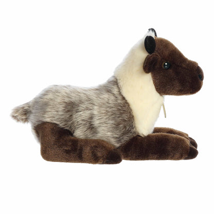 Aurora Miyoni Tots Reindeer Calf plush animal resting in a laying pose with brown and cream fur and a golden Miyoni chest tag.