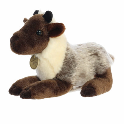Aurora Miyoni Tots Reindeer Calf plush animal resting in a laying pose with brown and cream fur and a golden Miyoni chest tag.