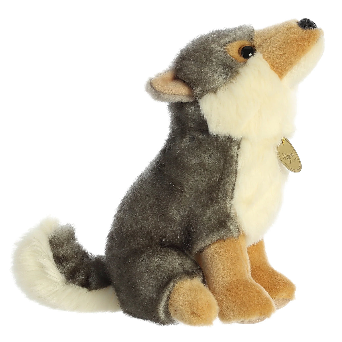 Aurora Miyoni Wolf lifelike plush stuffed animal sitting with gray and cream fur, amber eyes, and a fluffy tail.