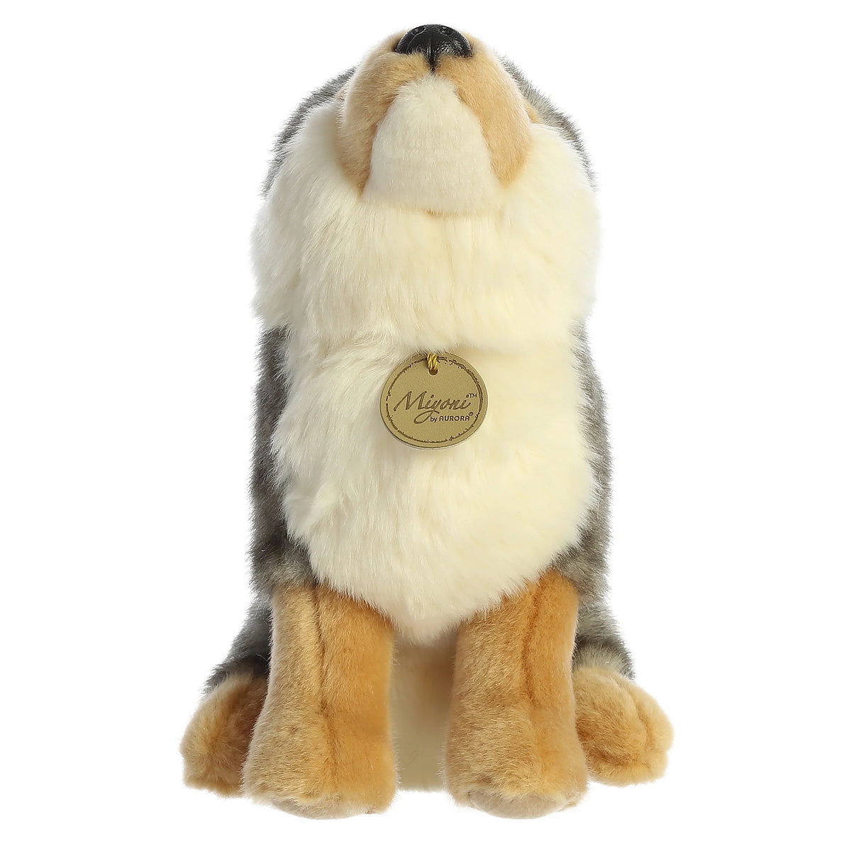 Aurora Miyoni Wolf lifelike plush stuffed animal sitting with gray and cream fur, amber eyes, and a fluffy tail.
